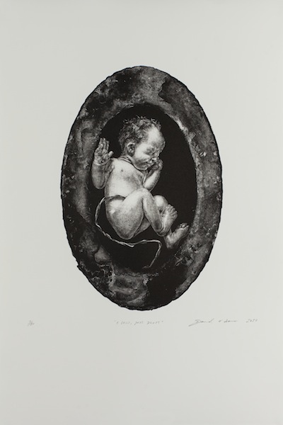 David O´Kane: A Child, Just Dropt, 2017, manière noire lithograph, 
motif size 32 x 21.5 cm, paper size 56 x 38 cm, edition 3 of 10
From the series A Modest Proposal. Inspired by Jonathan Swift.

